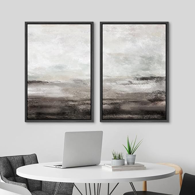MUDECOR Framed Wall Art Print Set Brown and Gray Grunge Paint Stroke Landscape Abstract Shapes Illustrations Modern Minimalist Chic Relax/Calm for Living Room, Bedroom, Office - 16"x24"x2 Black