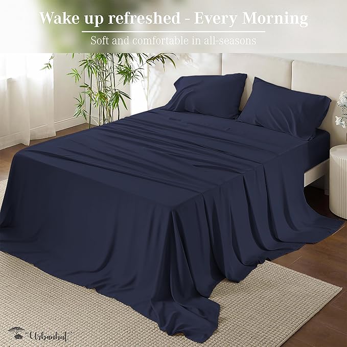 URBANHUT 700 Thread Count Twin Size Egyptian Cotton Sheets, 4Pc Sheet Set Soft Luxury Bed Sheets for Twin Size Bed, Sateen Weave Hotel Sheets, 14'' Elasticized Deep Pocket - Navy Blue