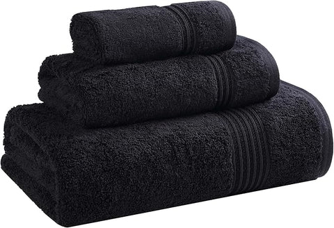 Superior Egyptian Cotton 3-Piece Towel Set, Basic Towels For Bathroom, Home Decor, Guest Bath, Shower, Apartment, Included 1 Face, 1 Hand, 1 Bath Towel, Washcloth, Quick Dry, Black