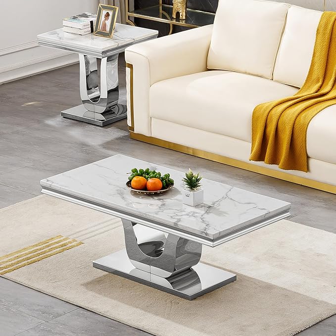 SSLine Rectangular Faux Marble Coffee Table for Living Room Modern Luxury White Marble Center Table with Silver Pedestal Base 46.8" Mid-Century Cocktail Table with Mirrored Stainless Steel Frame