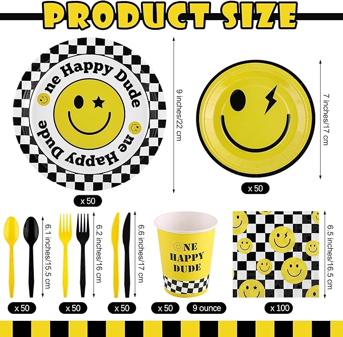 400 Pieces One Happy Dude Disposable Party Tableware Sets Including Plates Cups Napkins Cutlery Serves 50 for Smiley Party 1st Birthday Preppy Party Decorations