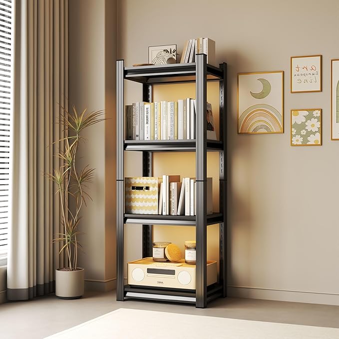 Tall Bookshelf with Open Shelves, Metal Office Book Shelf, Adjustable Organizer Bookcase, Standing Storage Organizer Shelf for Living Room (20" W*14" D*54" H)