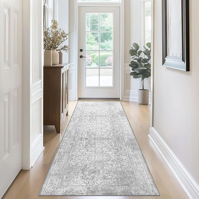 vivorug Runner Rug 2x10 Machine Washable Rug with Non-Slip Backing, Ideal for Kitchen Hallway Entryway Laundry Room - Vintage, Durable, Easy Clean, Low Pile Carpet Runner, Ivory/Silver