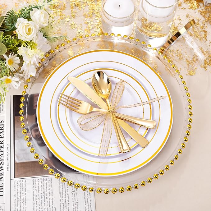 bUCLA 300PCS Gold Disposable Dinnerware Set - White and Gold Plastic Plates 50 Guests - Include 50 Dinner Plates,50 Dessert Plates,50 Knives,50 Forks,50 Spoons,50 Cups for Party, Fall & Thanksgiving