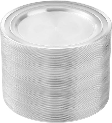 100PCS Clear Plastic Plates for Party, 10.25 Inch Heavy Duty Dinner Plates with Silver Rim, Disposable Plates for Wedding and Birthday