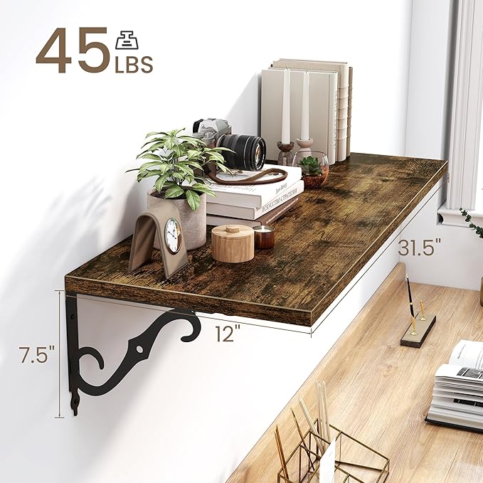 Deep Floating Shelves for Wall, 32"W x 8"D Wall Shelves, 12 Inch Deep Floating Shelf with Bracket, 32 Inch Floating shelves Set of 2, Rustic Shelves for Living Room, Bathroom and Kitchen, Rustic Brown