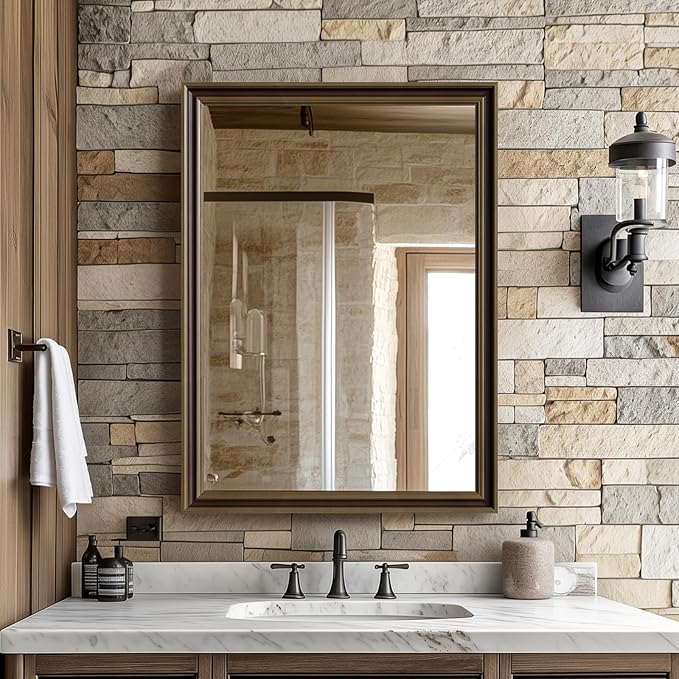 Retro Copper Effect Framed Wall Mirror, 22x30 Rectangle Mirror, 1/8"Anti-desilvering Tempered Glass, Sustainable&Sturdy Frame, Anti-Rust, HD Reflection &3min Fast Setup for Bathroom Living Room