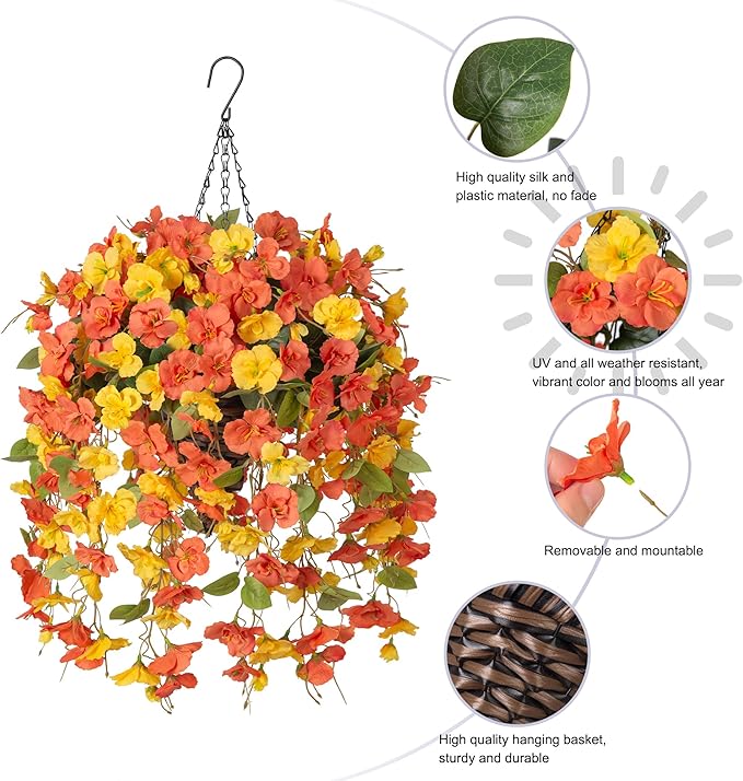 Ivydale Artificial Hanging Flowers Fake Plants with Basket for Outdoors Fall Decoration, Faux Hibiscus Long Vines Realistic Silk Flowers for Planters Outside Home Patio Porch Balcony, YellowOrange