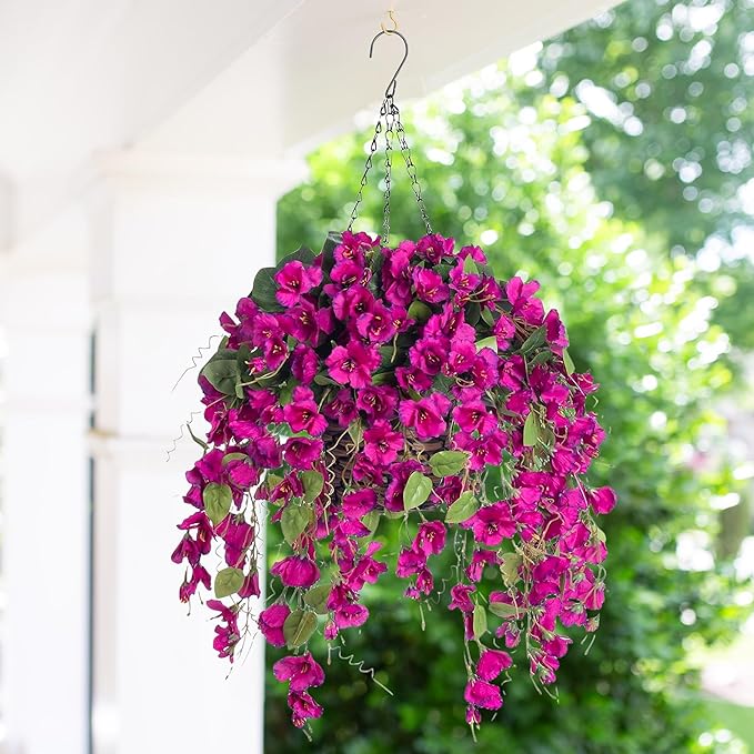 Artificial Fake Hanging Hibiscus Flowers Plants Baskets for Outdoor Decoration, Faux Silk Hibiscus Long Vines in Planter UV Resistant Realistic Flowers for Outside Porch Patio Home Decor(Purple 2)