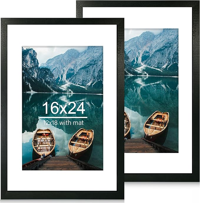 16x24 Frame Set of 2, Rustic Black Wood Style - Display 16 x 24 Picture without Mat or 12x18 Picture with Mat, Wall Mounting Horizontal and Vertical