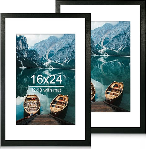 16x24 Frame Set of 2, Rustic Black Wood Style - Display 16 x 24 Picture without Mat or 12x18 Picture with Mat, Wall Mounting Horizontal and Vertical