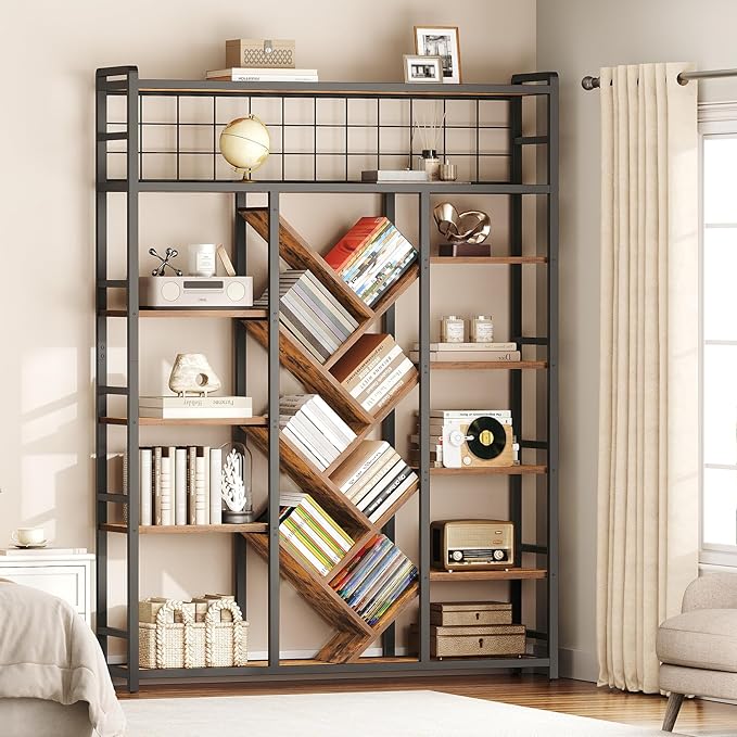 Triple 7-Tier Bookshelf, Industrial Large Bookcase with 20 Open Display Shelves, Modern Tree Bookcase with Metal Frame and Hanging Function for Living Room, Home Office, Rustic Brown and Black