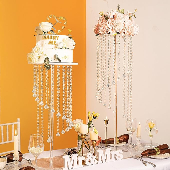 Clear Acrylic Tall Flower Vases -2 Pcs 31.5" Cylinder Pedestal Stands for The Table Centerpieces for Parties, Chandelier Crystals Decorative Flower Stand, Wedding, Celebration, Home Decoration