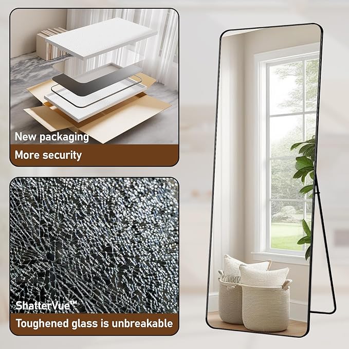 BEAUTYPEAK Black Full Length Mirror, 71"x32" Rounded Corner Floor Mirror Standing Hanging or Leaning Against Wall, Suitable for Bedroom or Dressing Room