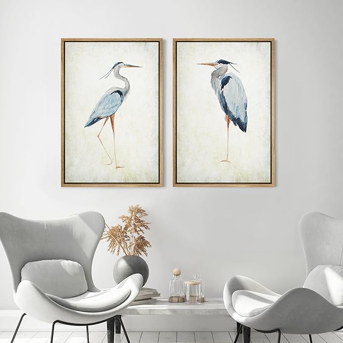 MUDECOR Framed Canvas Print Wall Art Heron Bird Illustrations Modern Art Decorative Bohemian Colorful Chic for Living Room, Bedroom, Office - 24"x36"x2 Natural