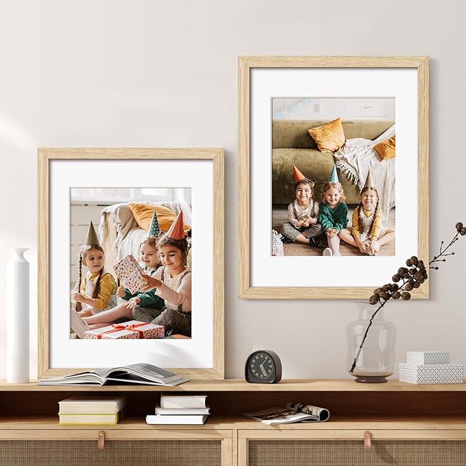 11x14 Picture Frame with Mat for 8x10, Natural Solid Oak Wood 11x14 Frame with Tempered Glass for Wall Mounting(Single,Oak)