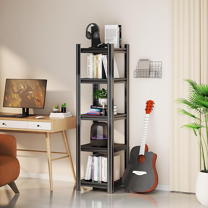 Tall Bookshelf with Open Shelves, Metal Office Book Shelf, Adjustable Organizer Bookcase, Standing Storage Organizer Shelf for Living Room (16" W*16" D*63" H)