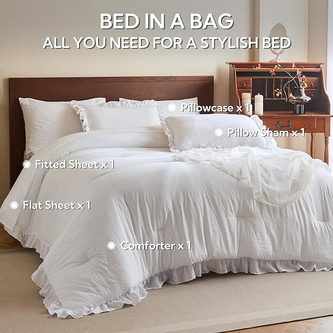 MR&HM White Ruffle Comforter Set, Twin Comforter Sets for College Dorm,Boho Bed in a Bag Set 5 Pieces with 1 Comforter,1 Flat Sheet, 1 Fitted Sheet,1 Pillowcases & 1 Pillow Shams for All Seasons