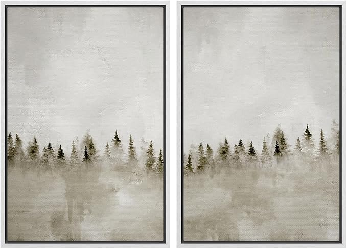 MUDECOR Framed Canvas Print Wall Art Set Misty Pines Serene Forest Landscape Illustrations Modern Art Decorative Bohemian Calm/Zen for Living Room, Bedroom, Office - 16"x24"x2 White