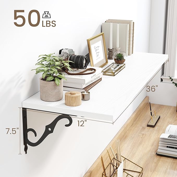 36 Inches Floating Shelves, Rustic Long Wall Shelves, 12 Inch Deep Book Shelf Wall Mounted with Bracket, Wide Display & Storage Shelves for Living Room, Bathroom, Bedroom, White, Set of 2