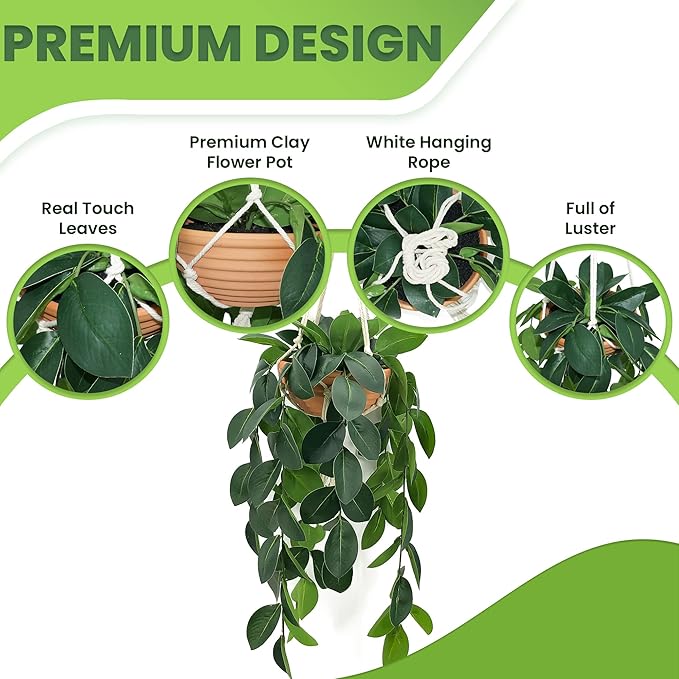 Hanging Plants Artificial Decor, Fake Hanging Plant in Clay Pot Artificial Hanging Plants with Fake Leaves and Hook for Wall Home Room Indoor Outdoor Décor (Dark Green)