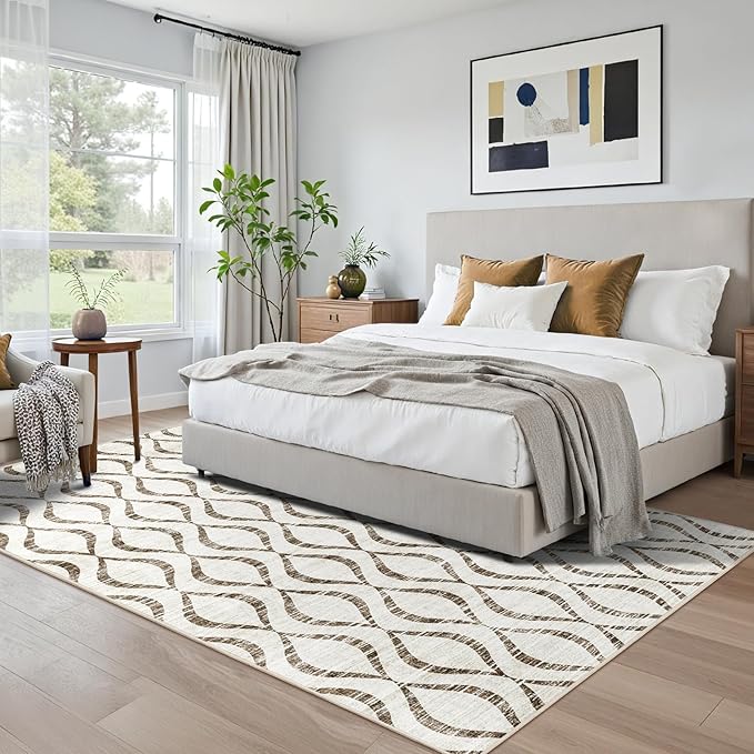 WITSHOCK Area Rugs for Living Room 5x7: Washable Non-Slip Soft Geometric Large Indoor Rug for Bedroom Dining Room, Low Pile Boho Pattern Carpet for Nursery Playroom Decor, Kid & Pet Friendly, Brown