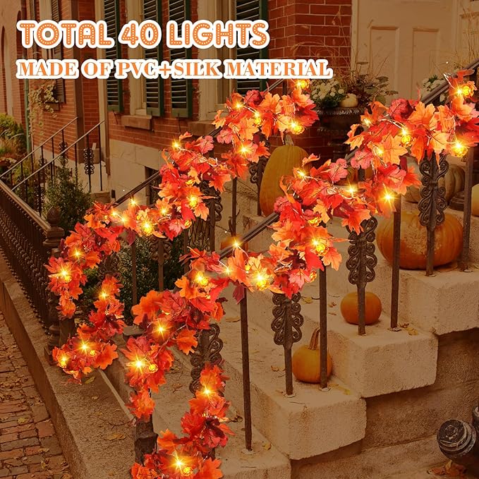 VIHOSE 2 Pack Thanksgiving Maple Leaves Garland Fall Decor 11.5 ft 40 LED with Pumpkin Lights Battery Operated and Timer Remote for Home Thanksgiving Halloween Decor(Reddish Brown)