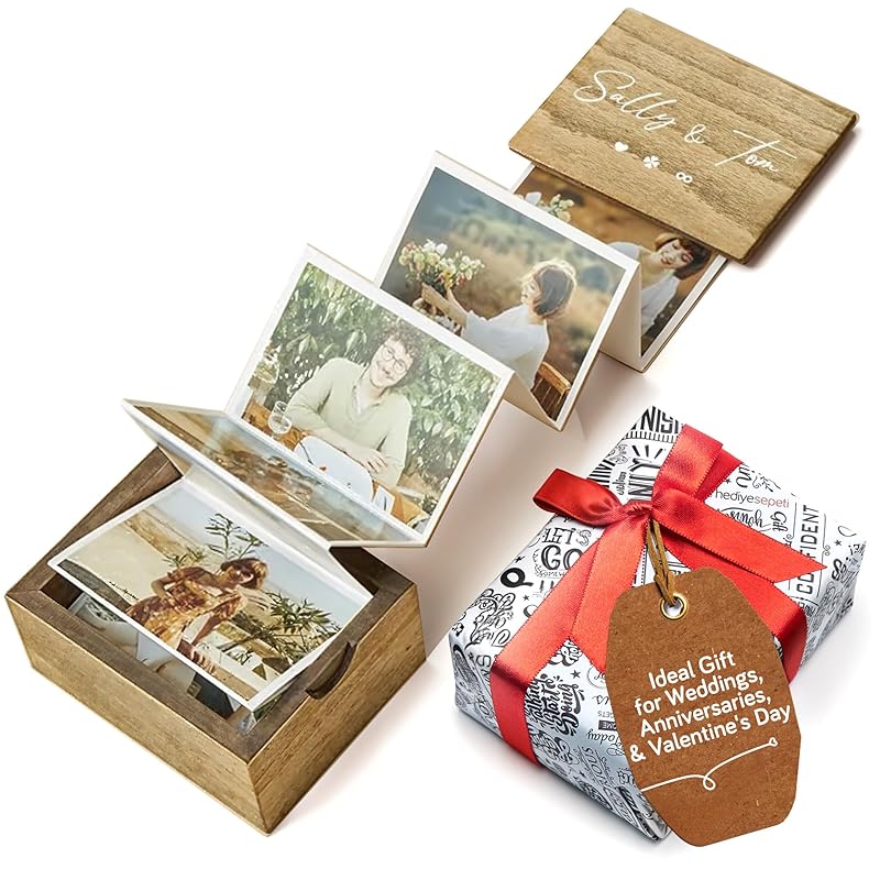 udelf Personalized Wooden Photo Box Gift with Accordion Picture Pull Out-Custom Gifts for Couples, Wedding Keepsake Box, Anniversary Box, Picture Box Gift with Couple Names-Holds 14 Photo Prints 3"x2"