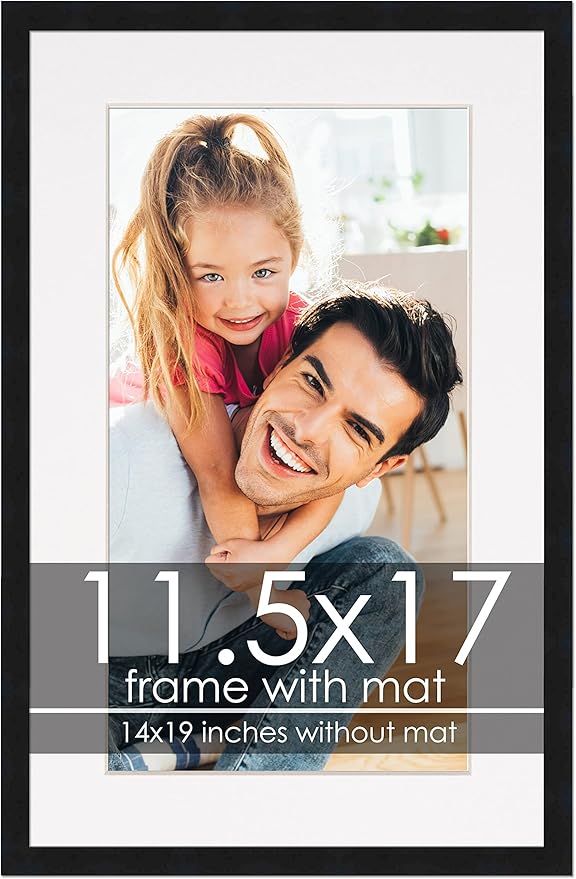 11.5x17 Frame with Mat - Black 14x19 Frame Wood Made to Display Print or Poster Measuring 11.5 x 17 Inches with White Photo Mat