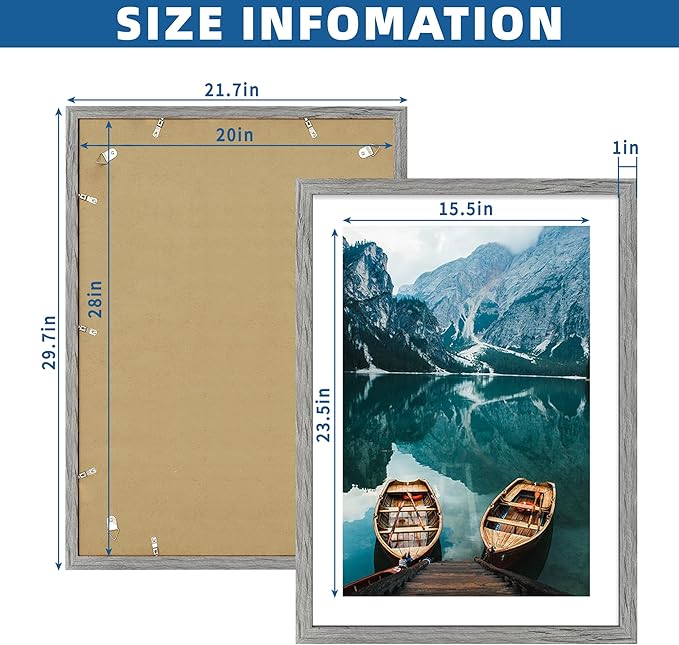 20x28 Picture Frame Set of 2, Rustic Grey Wood Style - Display 16x24 Picture with Mat or 20 x 28 Poster without Mat, Wall Mounting Horizontal and Vertical