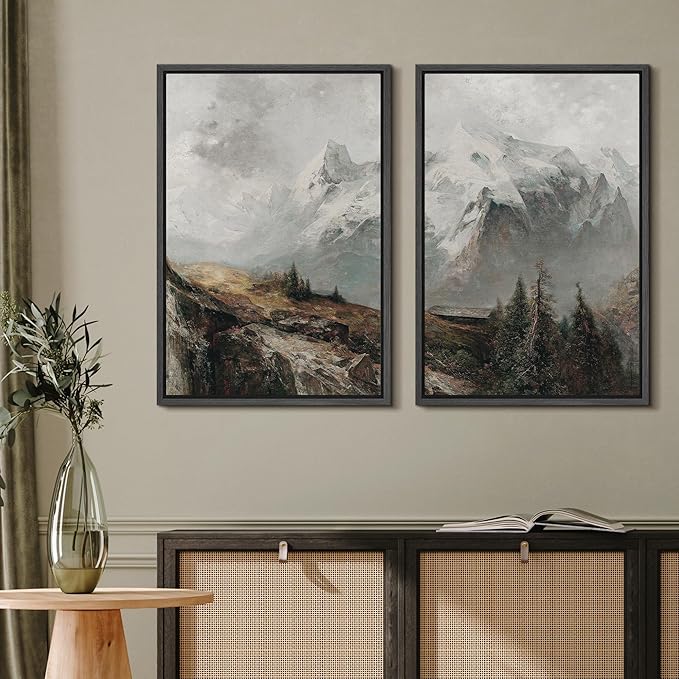 MUDECOR Framed Canvas Print Wall Art Majestic Snow-Capped Mountains Alpine Wilderness Nature Wilderness Illustrations Realism Decorative Scenic for Living Room, Bedroom, Office - 24"x36"x2 Black