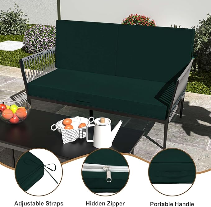 Outdoor Loveseat Cushion Set 46 x 26 Inch, Waterproof & Fade-Resistant Deep Seat Patio Cushions with Removable Cover, Ties & Hidden Zipper,Patio Love Seat Sofa Cushions for Sofa Bench Couch,Dark Green