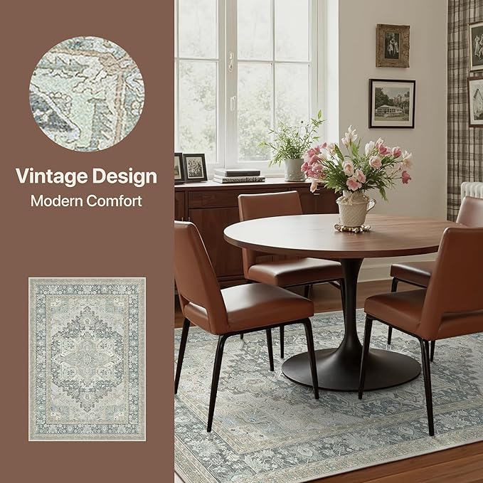 GENIMO 5X7 Area Rugs for Living Room, Machine Washable Vintage Floor Cover Foldable Modern Non Slip Rug, Low Pile Soft Indoor Carpet Floral Print Mat Rug,Bedroom/Dining Room/Home Office,Light Blue