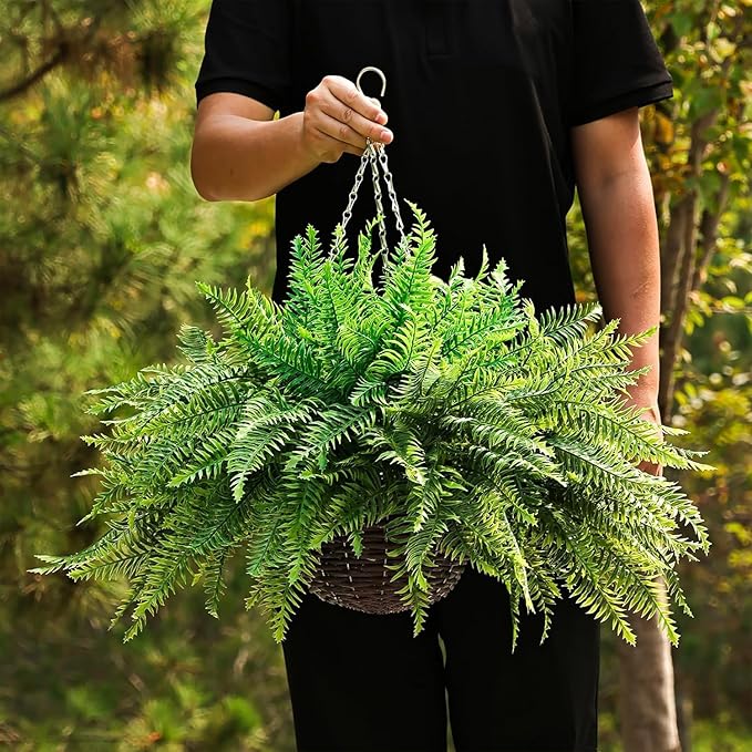 QIANYUN 1PCS Fake Hanging Plant- Boston Ferns UV Resistant Plastic Plants for Bedroom Living Room Garden Decor- Including Hanging Planters (Persian-Green)