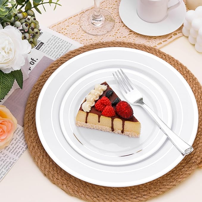 100PCS White Plastic Plates for Party, 10.25 Inch Heavy Duty Dinner Plates with Silver Rim, Disposable Plates for Wedding and Birthday