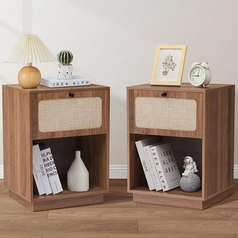 Mid Century Night Stand Set of 2, Modern Nightstand with Drawer & Curved Linen Panel, Farmhouse End Table Wood Bedside Table Small Side Tables for Small Space, Bedroom (Walnut)