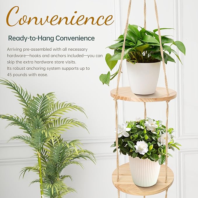 Hemp Rope Hanging Plant Shelf from Ceiling for Narrow Space or window Boho Hanging plant Shelves, Natural Pine Wooden Plant Stand Display for Indoor, Outdoor, Corner, Balcony, Living Room and Bedroom