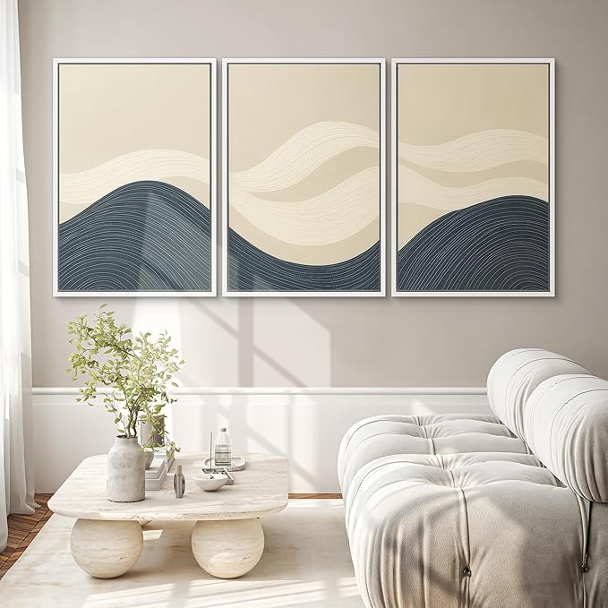SIGNWIN Framed Wall Art Print Set Minimalist Blue and Beige Wave Modern Abstract Photography Modern Art Minimalist Closeup Dramatic for Living Room, Bedroom, Offic - 16"x24"x3 WHITE
