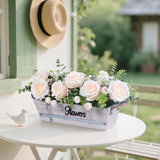 Centerpiece Table Decorations Rustic Wood Tray with 3 Artificial Champagne Rose Flowers and Fake Eucalyptus for Dining Room Farmhouse Living Room Kitchen and Coffee Table Décor