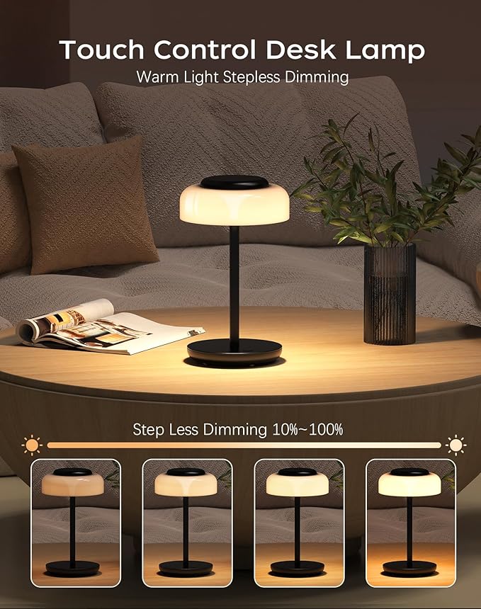 QiMH Battery Operated LED Table Lamp for Living Room, 5000mAh Cordless Desk Lamp with Stepless Dimmable Touch Control, Mini Rechargeable Night Light for Bedroom, Outdoor bar (Black-RGB)