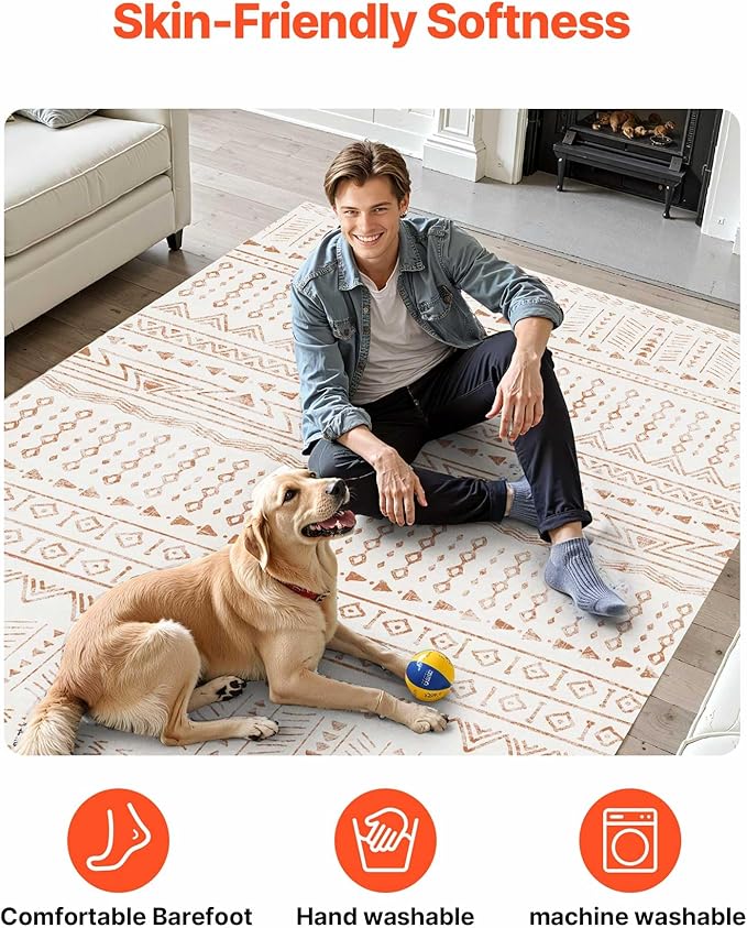 VEVOR 5 x 8 ft Area Rug Large Washable Rug Non-Slip and Tear-Resistant Soft Carpet Pet & Child Friendly Modern Area Rugs Indoor Mat for Bedroom Office Living Room Kids Room Entryway Beige