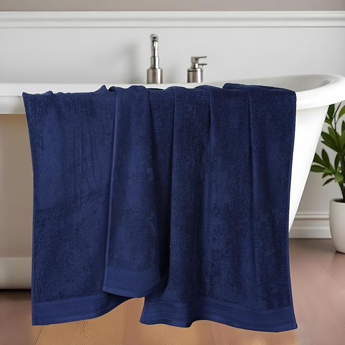 Superior Honeycomb Cotton Medium Weight Towels, for Bathroom, Shower, Spa, Pool, Quick Dry, Adults, Home Essentials, Textured Waffle Border, Oversized Large Towels, Bath Sheets, Set of 2, Navy Peony