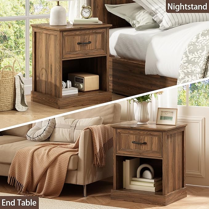 CARPETNAL 20" Farmhouse Nightstand Set of 2, End Table with Large Drawers & Open Storage, Side Table, Bedside Table for Bedroom, Living Room, Walnut
