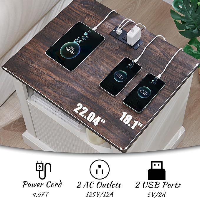 Fluted Nightstand Set of 2, 22" Large Modern Side Table with Charging Station, Wood End Table w/Open Shelf, Bedside Table with Storage Space for Bedroom, Living Room (White)