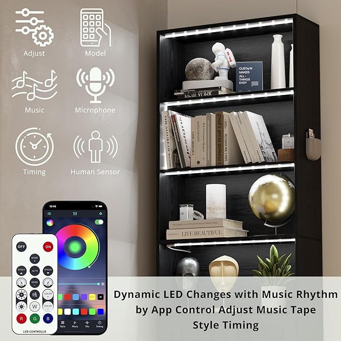 IRONCK Tall Bookcase with LED Lights, 70 in Industrial Bookshelf Display Shelf Floor Standing for Home Office, Living Room, Bed Room