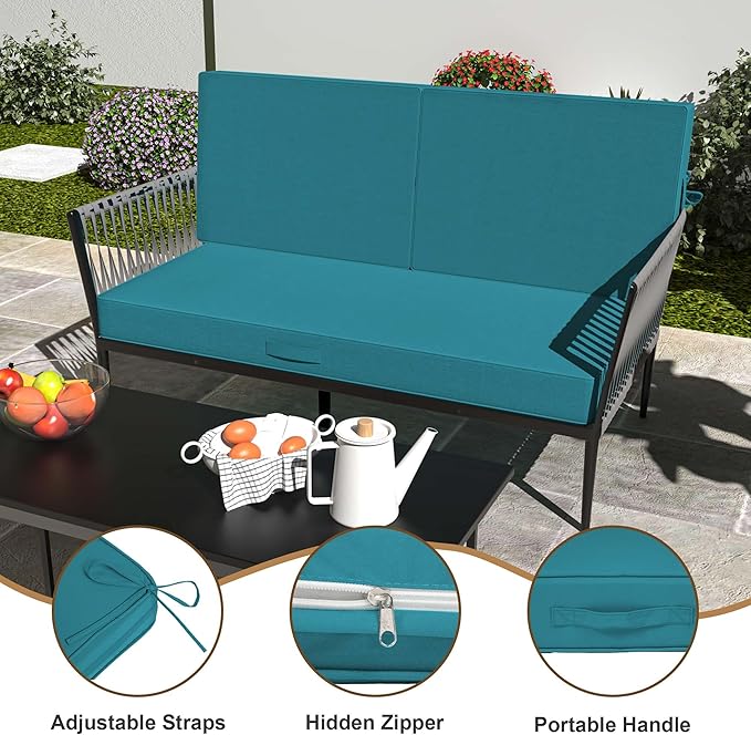 Outdoor Loveseat Cushion Set 46 x 26 Inch, Waterproof & Fade-Resistant Deep Seat Patio Cushions with Removable Cover, Ties & Hidden Zipper, Patio Love Seat Sofa Cushions for Sofa Bench Couch,Turquoise