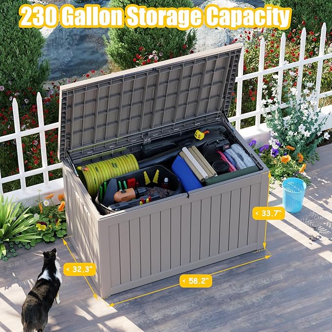 ROJIK Outdoor Storage Housing Deck Box,Waterproof Patio Furniture, Garden Tools,Cushions,Pool Accessories Storage Bench with Lockable Lid and Side Handles (Grey,230 Gal)