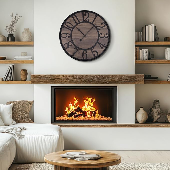 LEIKE Large Wall Clock,Non Ticking Silent,Battery Operated Big Round Modern Wood Wall Clocks for Living Room, Bedroom,Dinning Room,Farmhouse,Office, Retro Home Decor-20 Inch/50CM-Black-Arabic Number