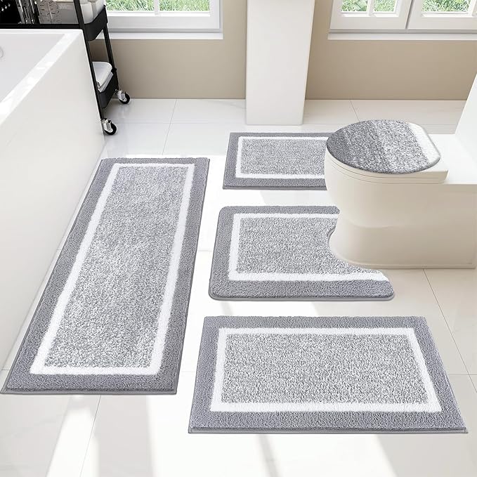 Pauwer Bathroom Rugs Set 5 Piece, Plush Absorbent Microfiber Bath Mats for Bathroom, Non Slip Washable Bath Rug Set with U Shaped Contour Toilet Rugs, Shower Rug and Toilet Lid Cover, Light Grey