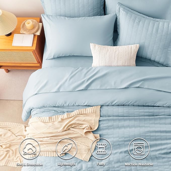 CozyLux Full Size Comforter Sets with Sheets Seersucker 7 Pieces Light Blue Bed in a Bag Textured Luxury Soft Bedding Set with Down Alternative Comforter, Sheets, Pillowcases & Shams for All Seasons